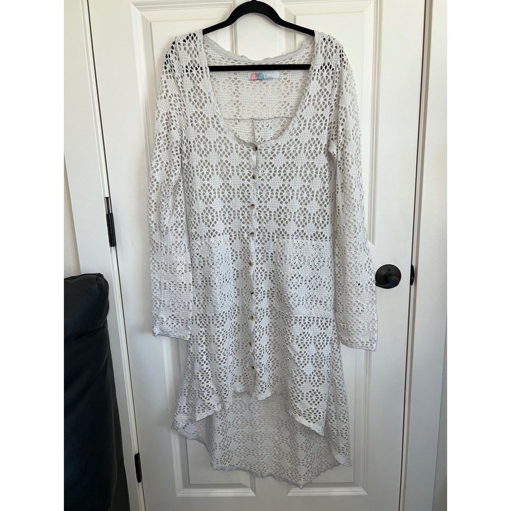 Free People Beach Crochet Knit Button Down Long Length Cardigan Cover Up Large